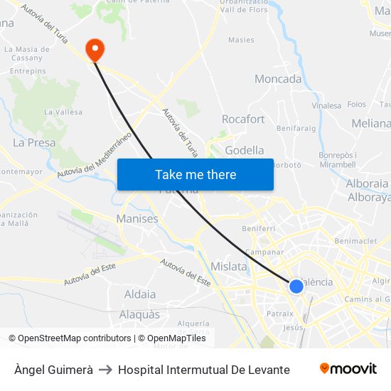 Àngel Guimerà to Hospital Intermutual De Levante map