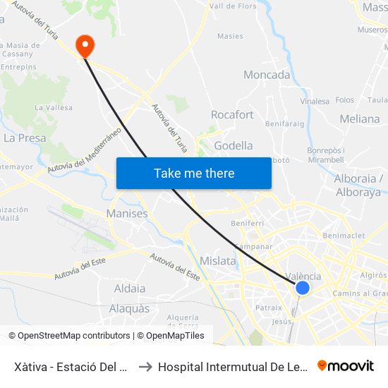 Xàtiva - Estació Del Nord to Hospital Intermutual De Levante map