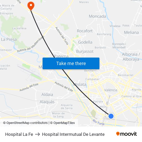 Hospital La Fe to Hospital Intermutual De Levante map