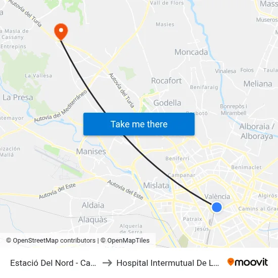 Estació Del Nord - Castelló to Hospital Intermutual De Levante map