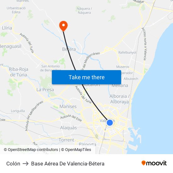 Colón to Base Aérea De Valencia-Bétera map