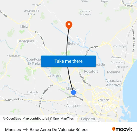 Manises to Base Aérea De Valencia-Bétera map