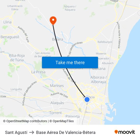 Sant Agustí to Base Aérea De Valencia-Bétera map