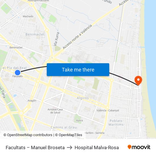 Facultats – Manuel Broseta to Hospital Malva-Rosa map