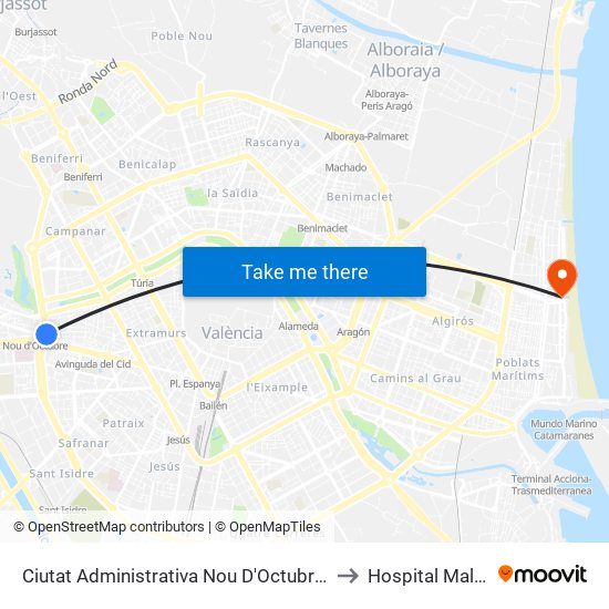 Ciutat Administrativa Nou D'Octubre - Lluís Lamarca to Hospital Malva-Rosa map
