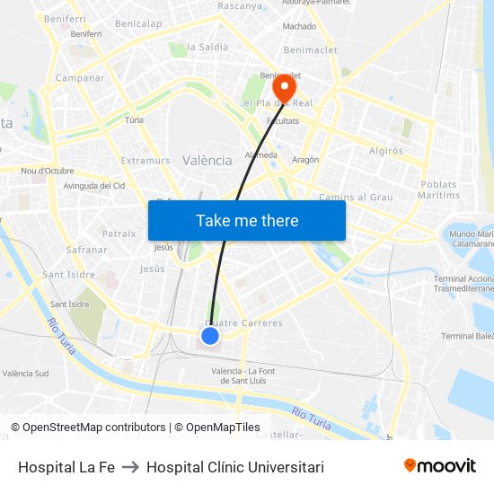 Hospital La Fe to Hospital Clínic Universitari map