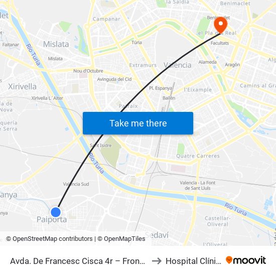 Avda. De Francesc Cisca 4r – Front Metro De Paiporta [Paiporta] to Hospital Clínic Universitari map