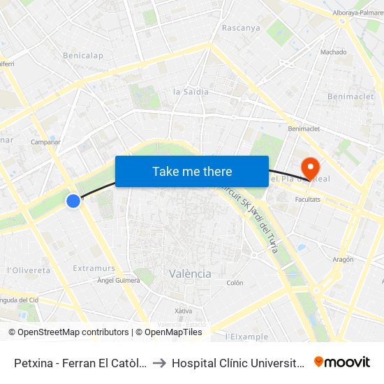 Petxina - Ferran El Catòlic to Hospital Clínic Universitari map