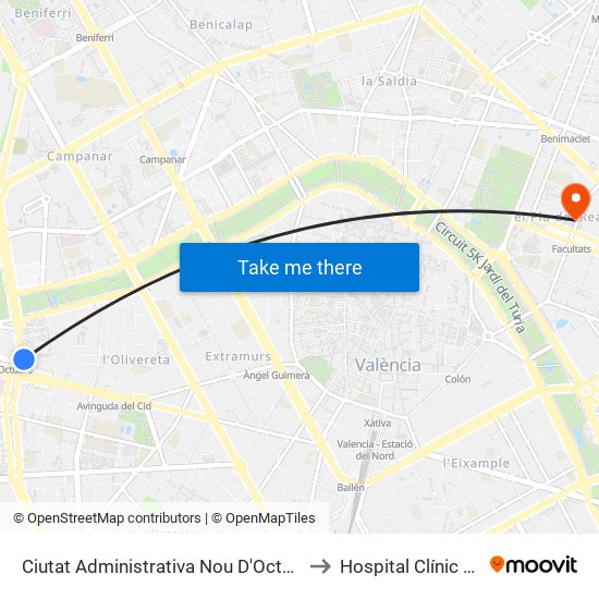 Ciutat Administrativa Nou D'Octubre - Lluís Lamarca to Hospital Clínic Universitari map