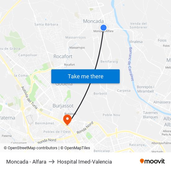 Moncada - Alfara to Hospital Imed-Valencia map