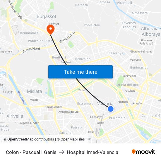 Colón - Pascual I Genís to Hospital Imed-Valencia map