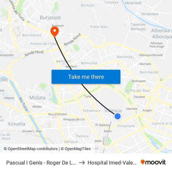 Pascual I Genís - Roger De Llòria to Hospital Imed-Valencia map