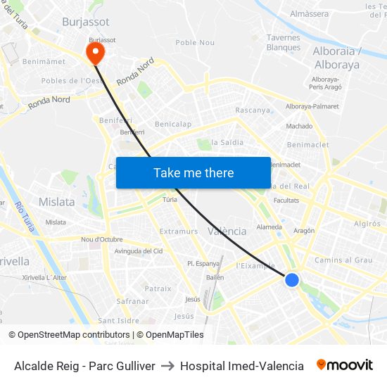 Alcalde Reig - Parc Gulliver to Hospital Imed-Valencia map