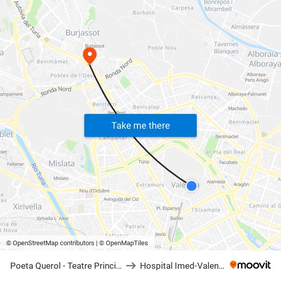 Poeta Querol - Teatre Principal to Hospital Imed-Valencia map