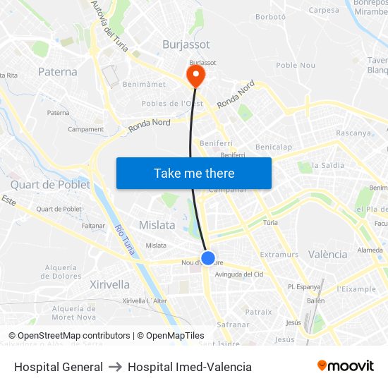 Hospital General to Hospital Imed-Valencia map