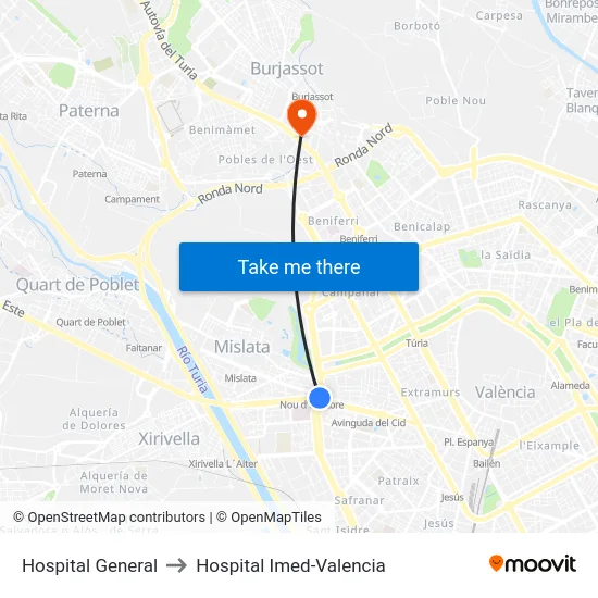 Hospital General to Hospital Imed-Valencia map
