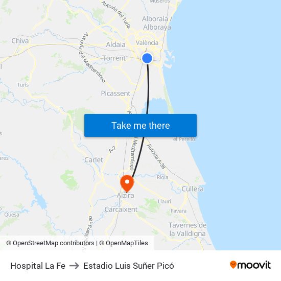 Hospital La Fe to Estadio Luis Suñer Picó map