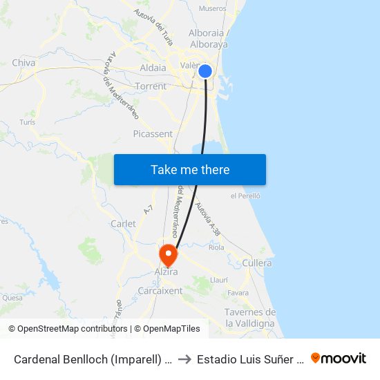 Cardenal Benlloch (Imparell) - Port to Estadio Luis Suñer Picó map