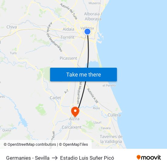 Germanies - Sevilla to Estadio Luis Suñer Picó map