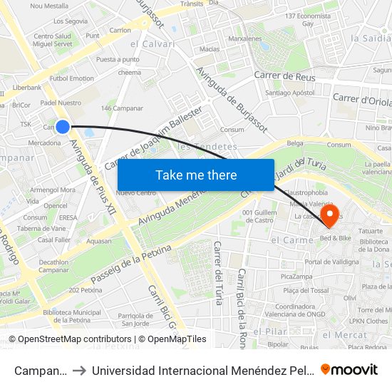 Campanar to Universidad Internacional Menéndez Pelayo map