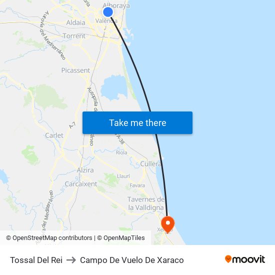 Tossal Del Rei to Campo De Vuelo De Xaraco map