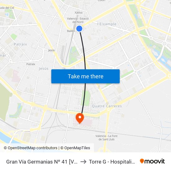 Gran Vía Germanias Nº 41 [València] to Torre G - Hospitalización map