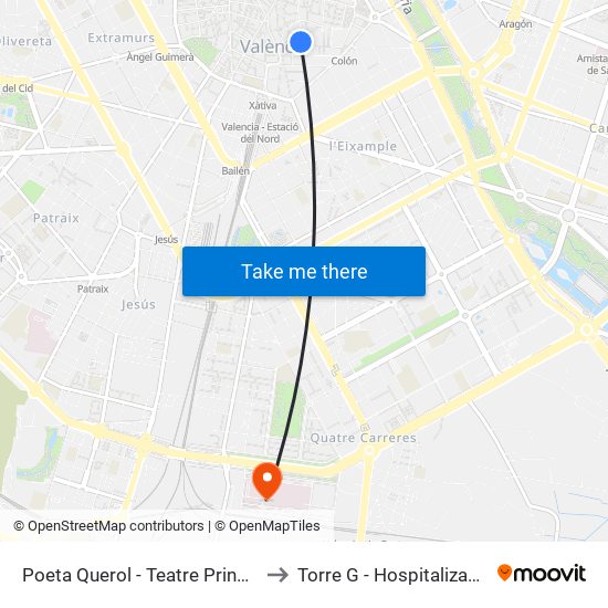 Poeta Querol - Teatre Principal to Torre G - Hospitalización map