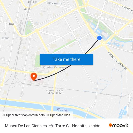 Museu De Les Ciències to Torre G - Hospitalización map