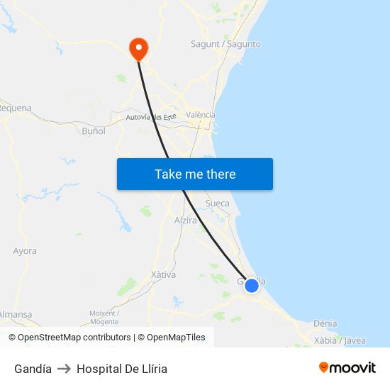 Gandía to Hospital De Llíria map