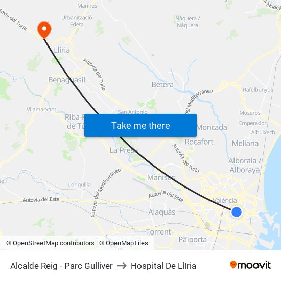 Alcalde Reig - Parc Gulliver to Hospital De Llíria map