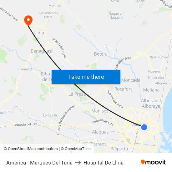 Plaça D'Amèrica - Marqués Del Túria to Hospital De Llíria map