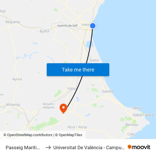 Passeig Marítim - Pavia to Universitat De València - Campus D'Ontinyent map