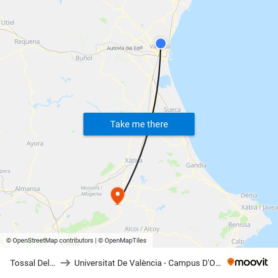 Tossal Del Rei to Universitat De València - Campus D'Ontinyent map