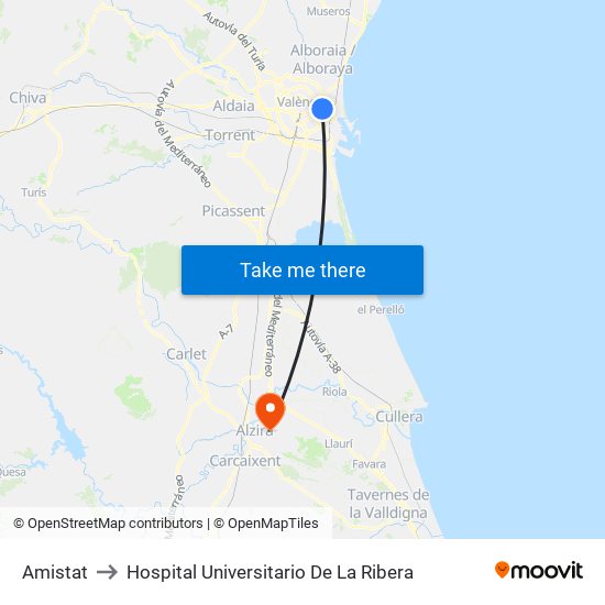 Amistat to Hospital Universitario De La Ribera map