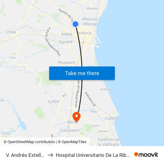 V. Andrés Estellés to Hospital Universitario De La Ribera map