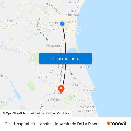 Cid - Hospital to Hospital Universitario De La Ribera map