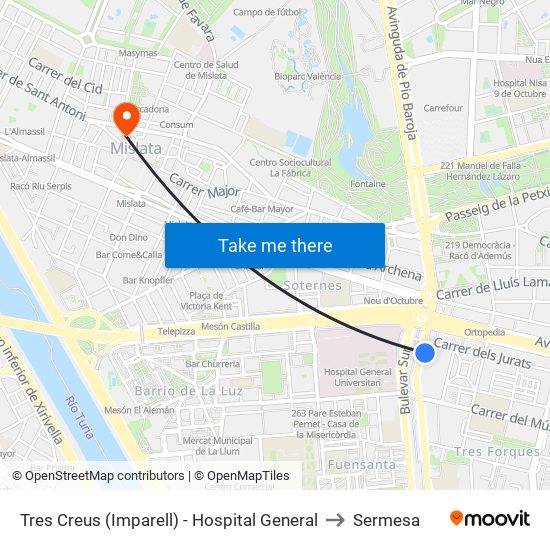 Tres Creus (Imparell) - Hospital General to Sermesa map