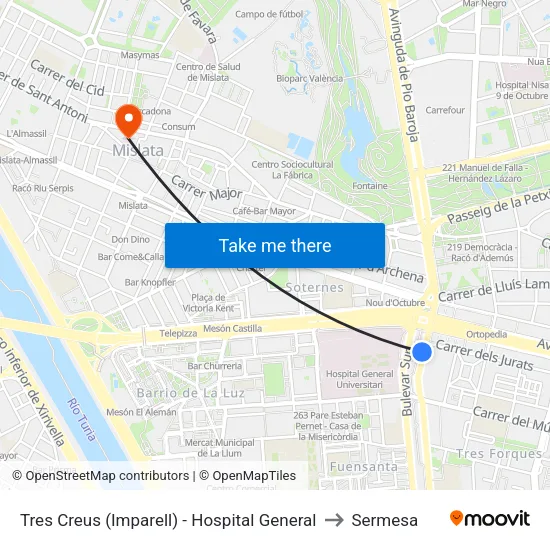 Tres Creus (Imparell) - Hospital General to Sermesa map