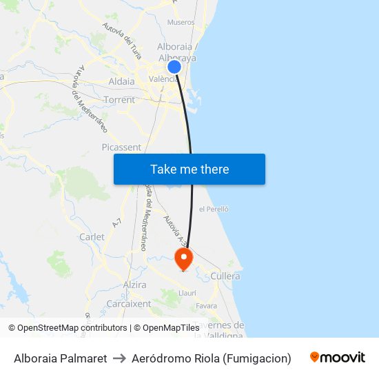 Alboraia Palmaret to Aeródromo Riola (Fumigacion) map