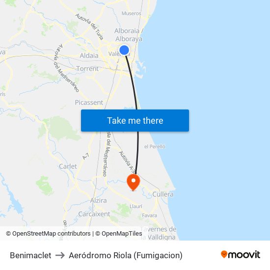 Benimaclet to Aeródromo Riola (Fumigacion) map