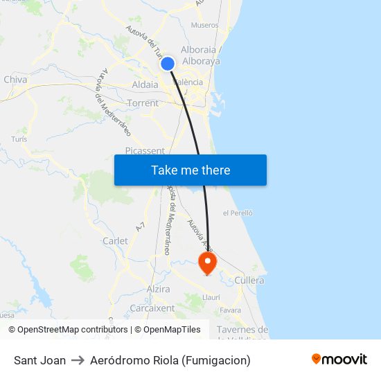 Sant Joan to Aeródromo Riola (Fumigacion) map