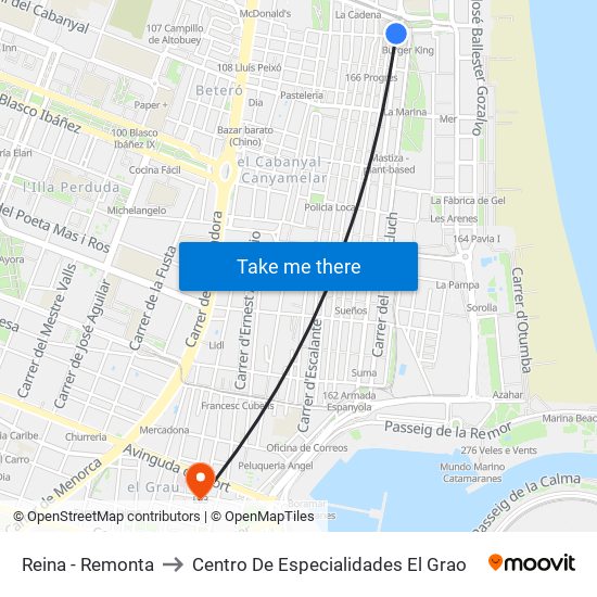 Reina - Remonta to Centro De Especialidades El Grao map