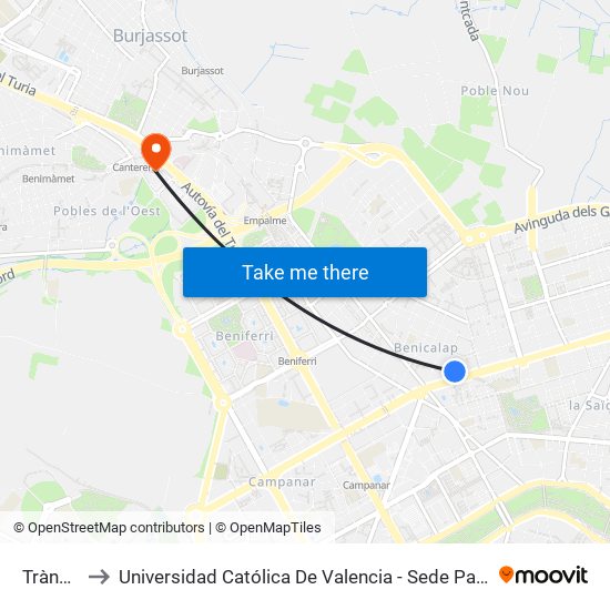 Trànsits to Universidad Católica De Valencia - Sede Padre Jofre map