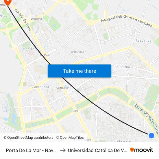 Porta De La Mar - Navarro Reverter (Imparell) to Universidad Católica De Valencia - Sede Padre Jofre map