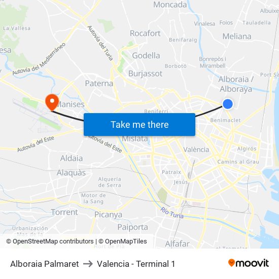 Alboraia Palmaret to Valencia - Terminal 1 map