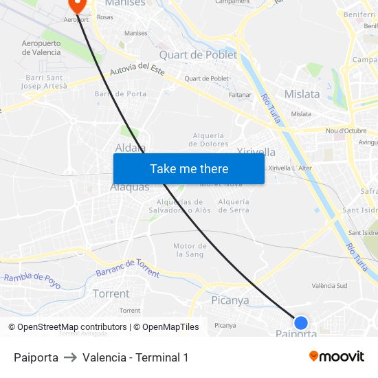 Paiporta to Valencia - Terminal 1 map