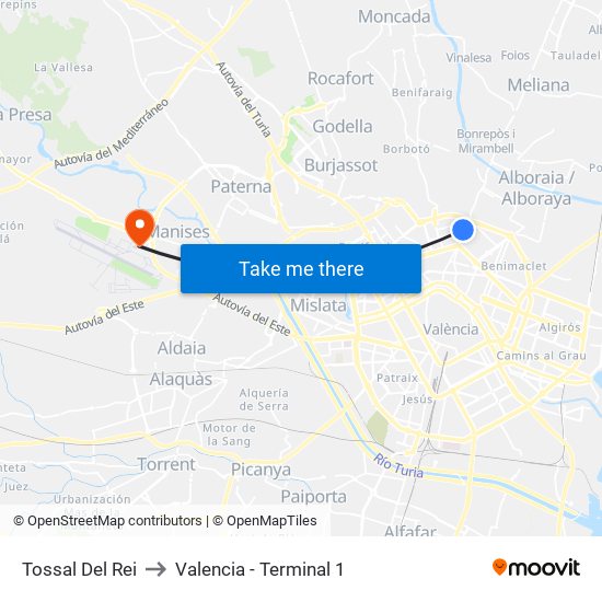 Tossal Del Rei to Valencia - Terminal 1 map