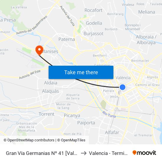 Gran Vía Germanias Nº 41 [València] to Valencia - Terminal 1 map