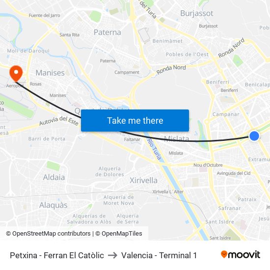 Petxina - Ferran El Catòlic to Valencia - Terminal 1 map