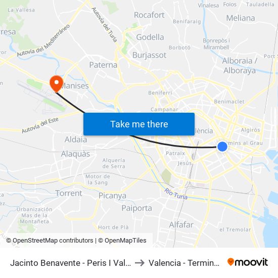 Jacinto Benavente - Peris I Valero to Valencia - Terminal 1 map